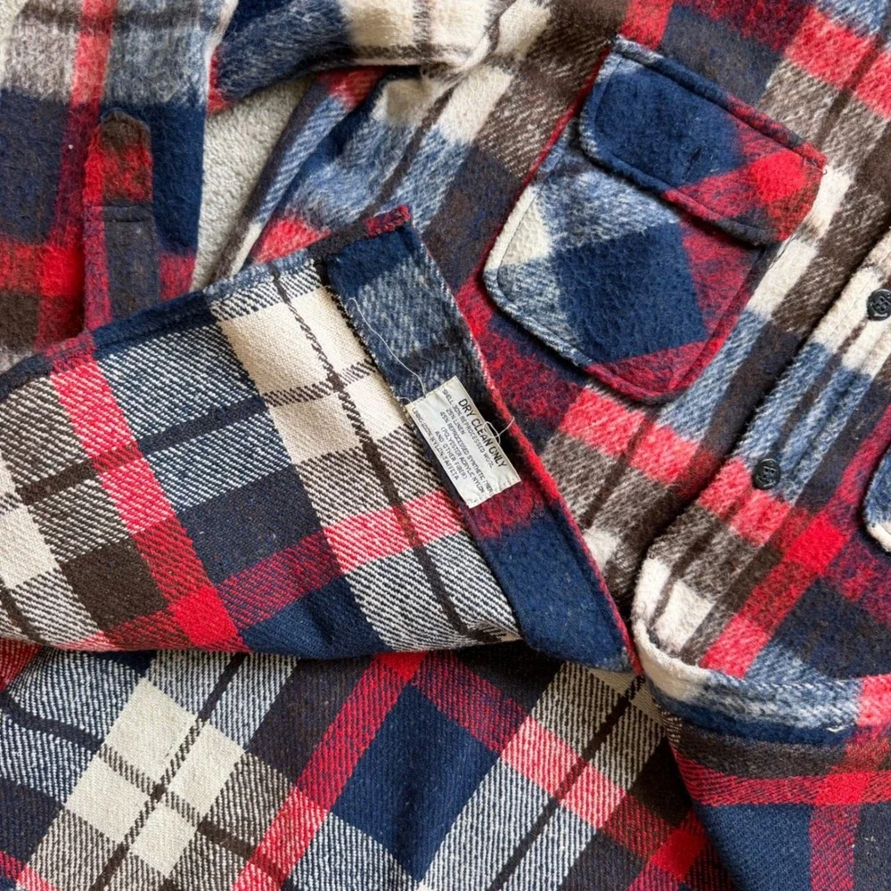 70's Mohawk CPO style Plaid‎ Shirt Jacket Red Blue Wool Blend Flannel Medium